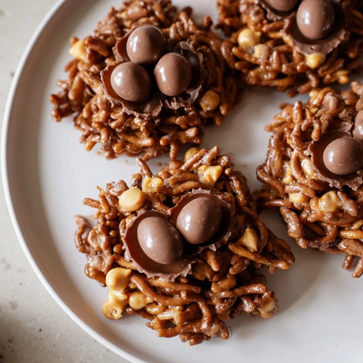 A single Easter Birds Nest Cookie with Peanut Butter and Chocolate is held in a hand, revealing the fudgy interior and bright candy eggs perfect for Easter dessert platters.
