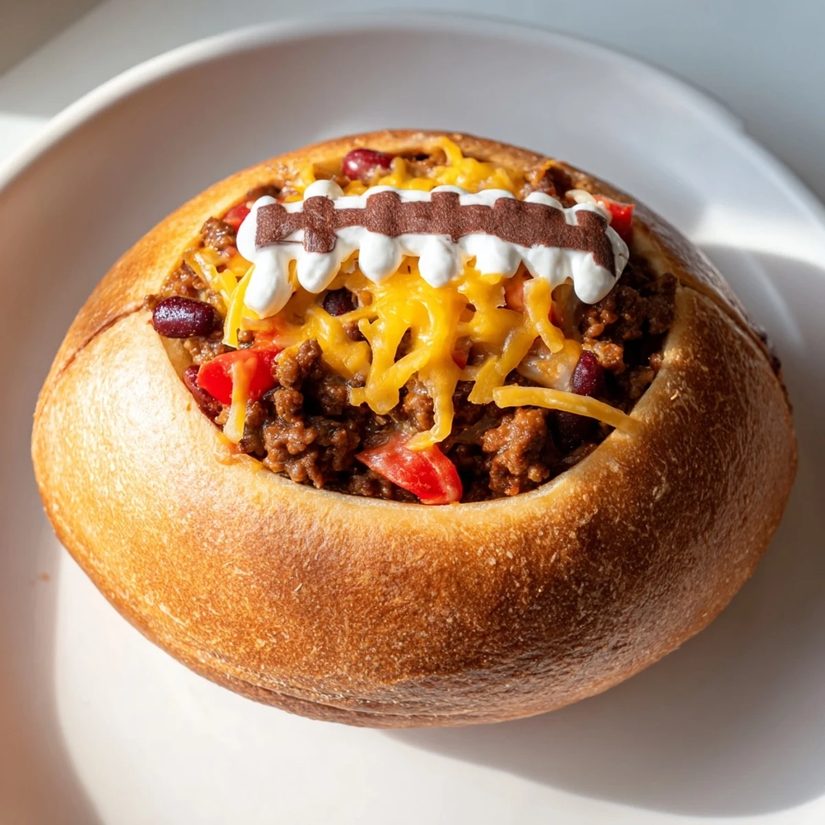 Three warm Mini Chili Football Bread Bowls sit on a game day table, their melted cheddar and sour cream laces making them look like edible footballs.