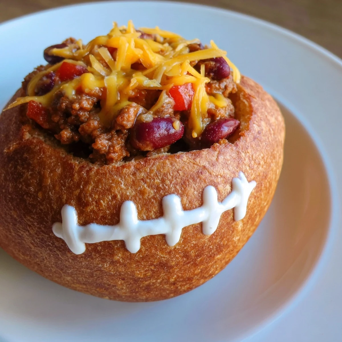 Each Mini Chili Football Bread Bowl is filled with hearty beef chili and garnished with green onion for a fresh bite.