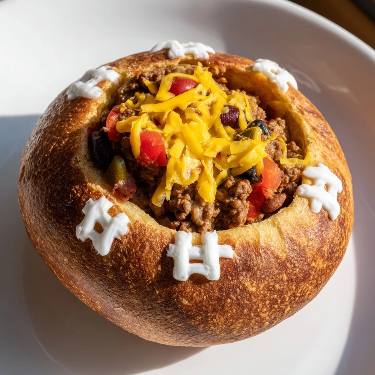 The photo shows Mini Chili Football Bread Bowls ready to serve, with bubbly cheese and a side of sour cream.
