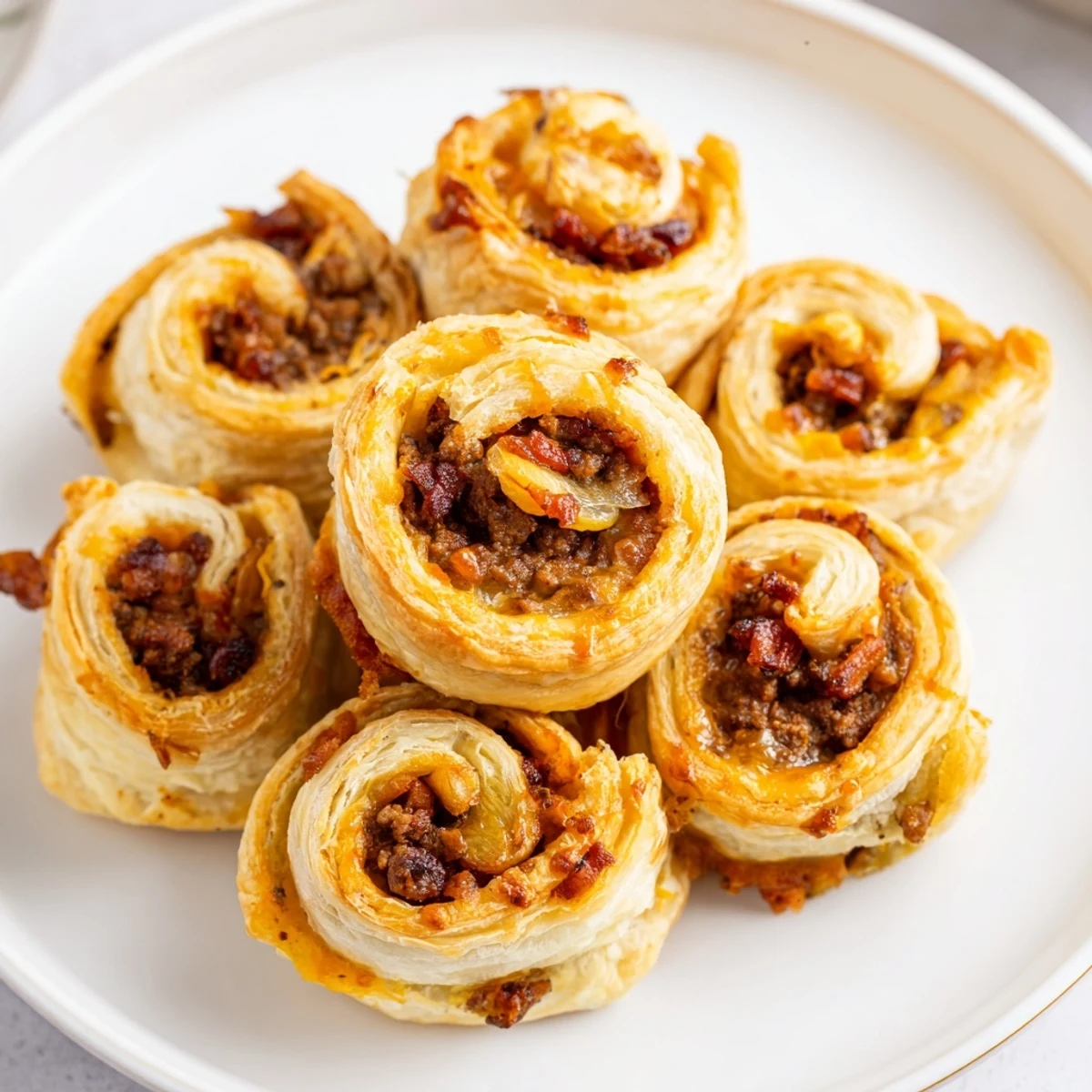 Golden, flaky Cheesy Bacon Burger Rollups Puff Pastry Appetizer fresh from the oven.
