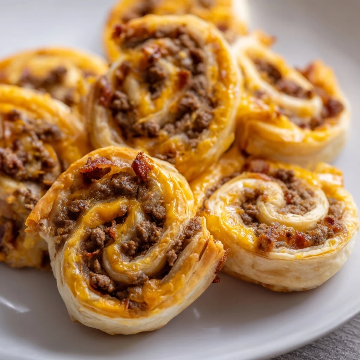 Cheesy Bacon Burger Rollups Puff Pastry Appetizer served warm with a dipping sauce.