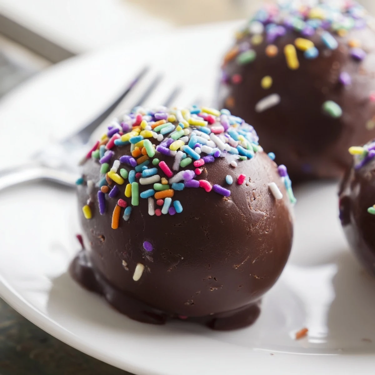Four glossy Easter Egg Oreo Balls coated in chocolate and decorated with pastel sprinkles rest on a cooling rack beside a cup of coffee.