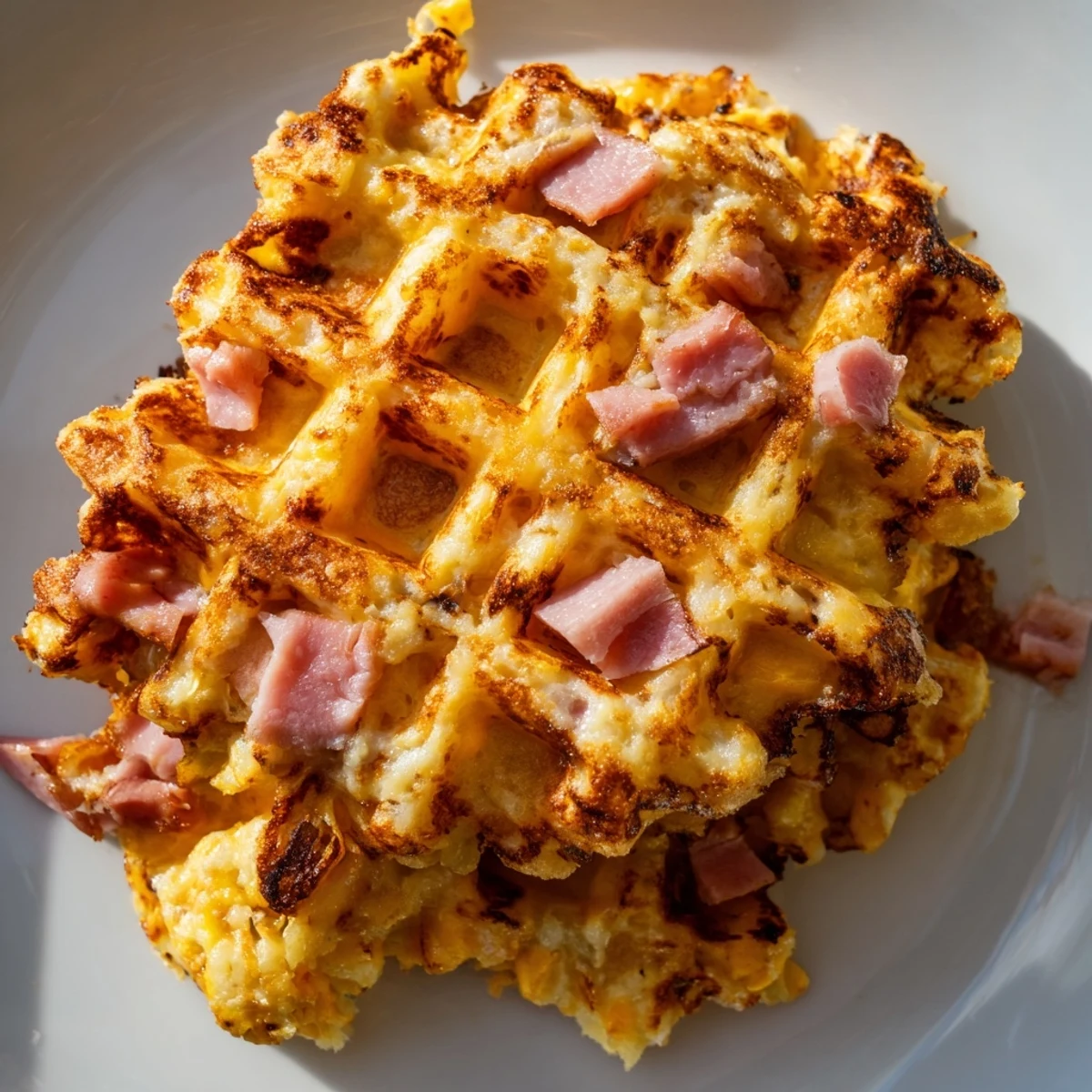 Two warm Ham and Cheese Chaffles stacked on a marble board, showcasing fluffy interior and ham specks.  