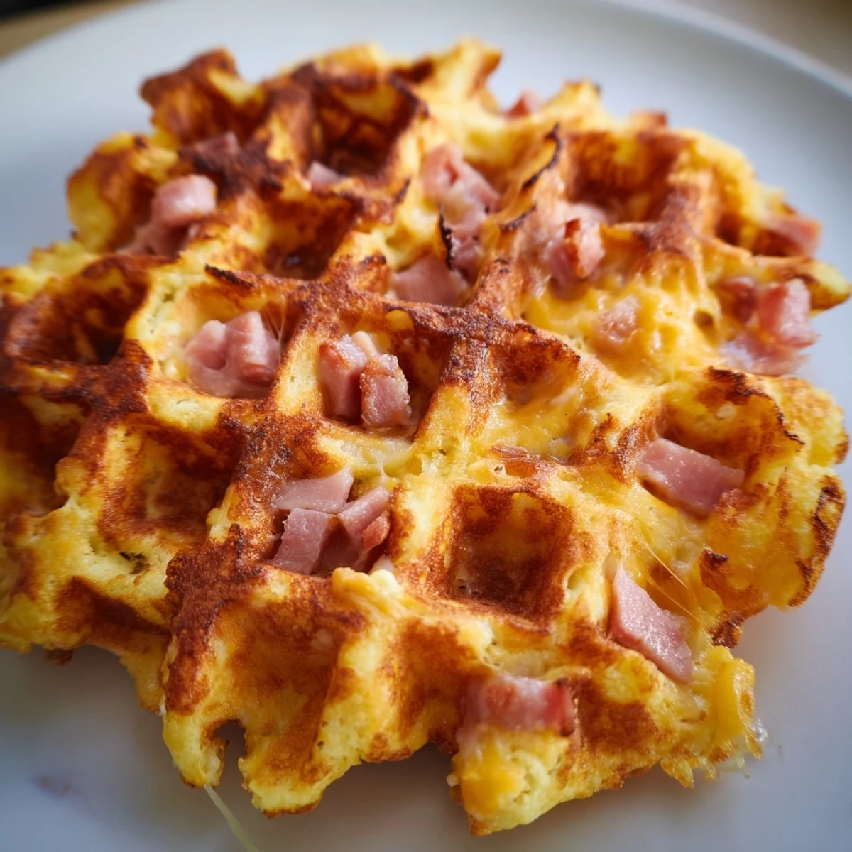 Golden-brown Ham and Cheese Chaffles resting on a white plate, melted cheddar oozing from crispy edges.  