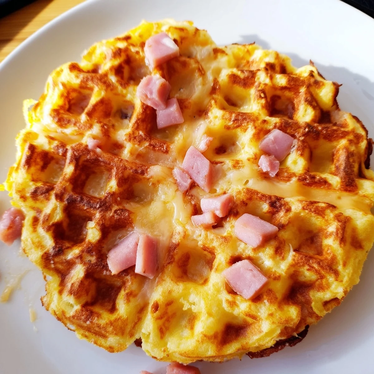 Freshly made Ham and Cheese Chaffles served with a dollop of sour cream and a side salad.