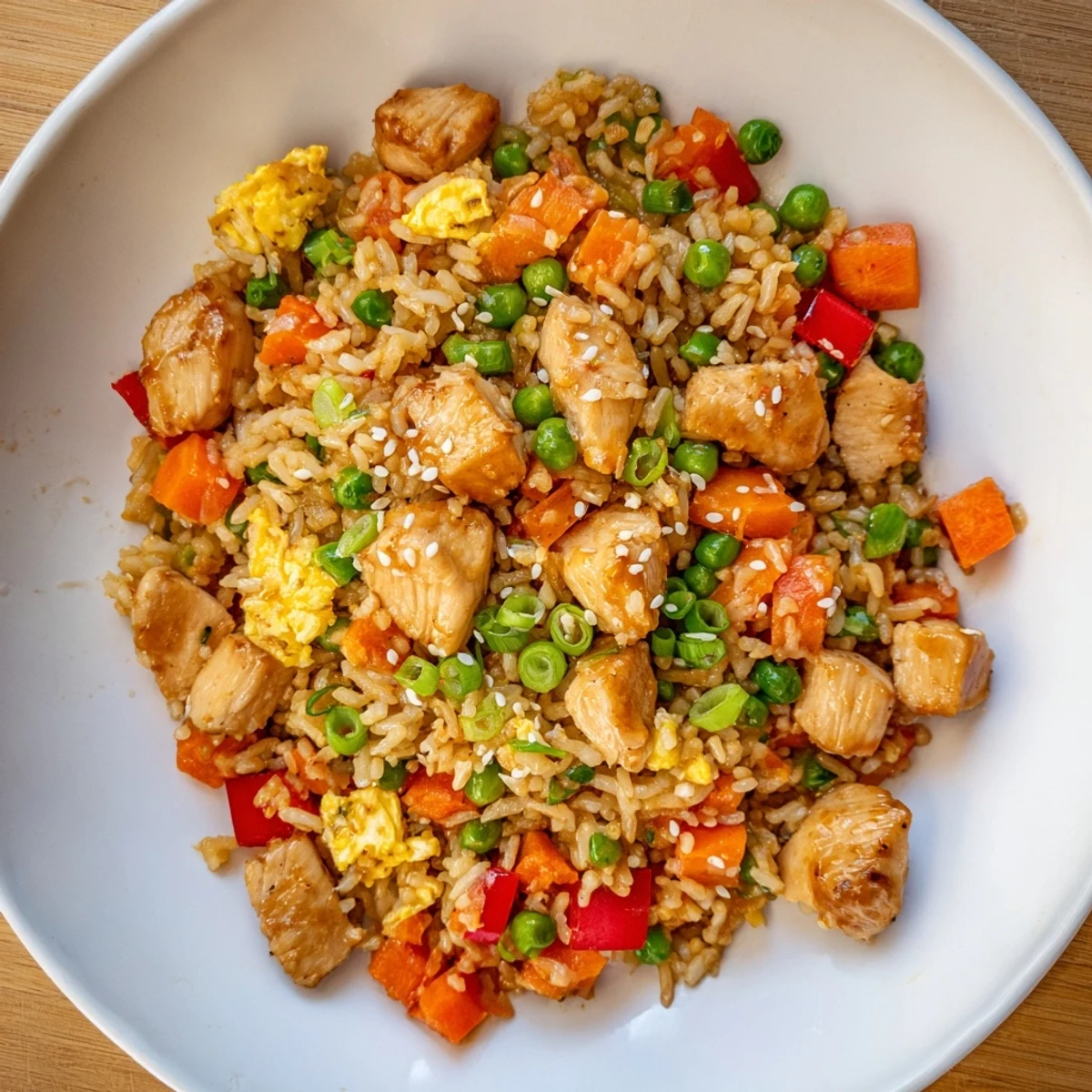 A colorful serving of Bang Bang Fried Rice drizzled with creamy sauce on a plate.