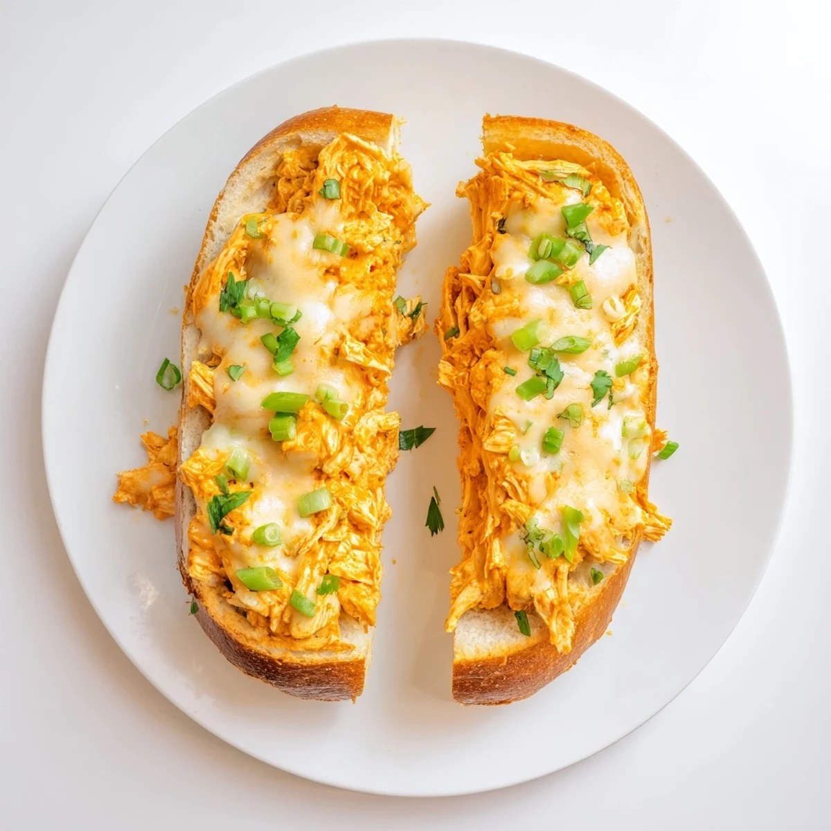 Golden-baked Cheesy Buffalo Chicken Stuffed French Bread with melty cheese bubbling on top.