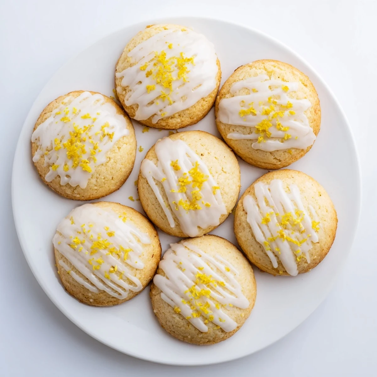 Freshly baked Limoncello Cookies topped with vibrant lemon zest and a delicate glaze, served on a rustic wooden platter with tea.