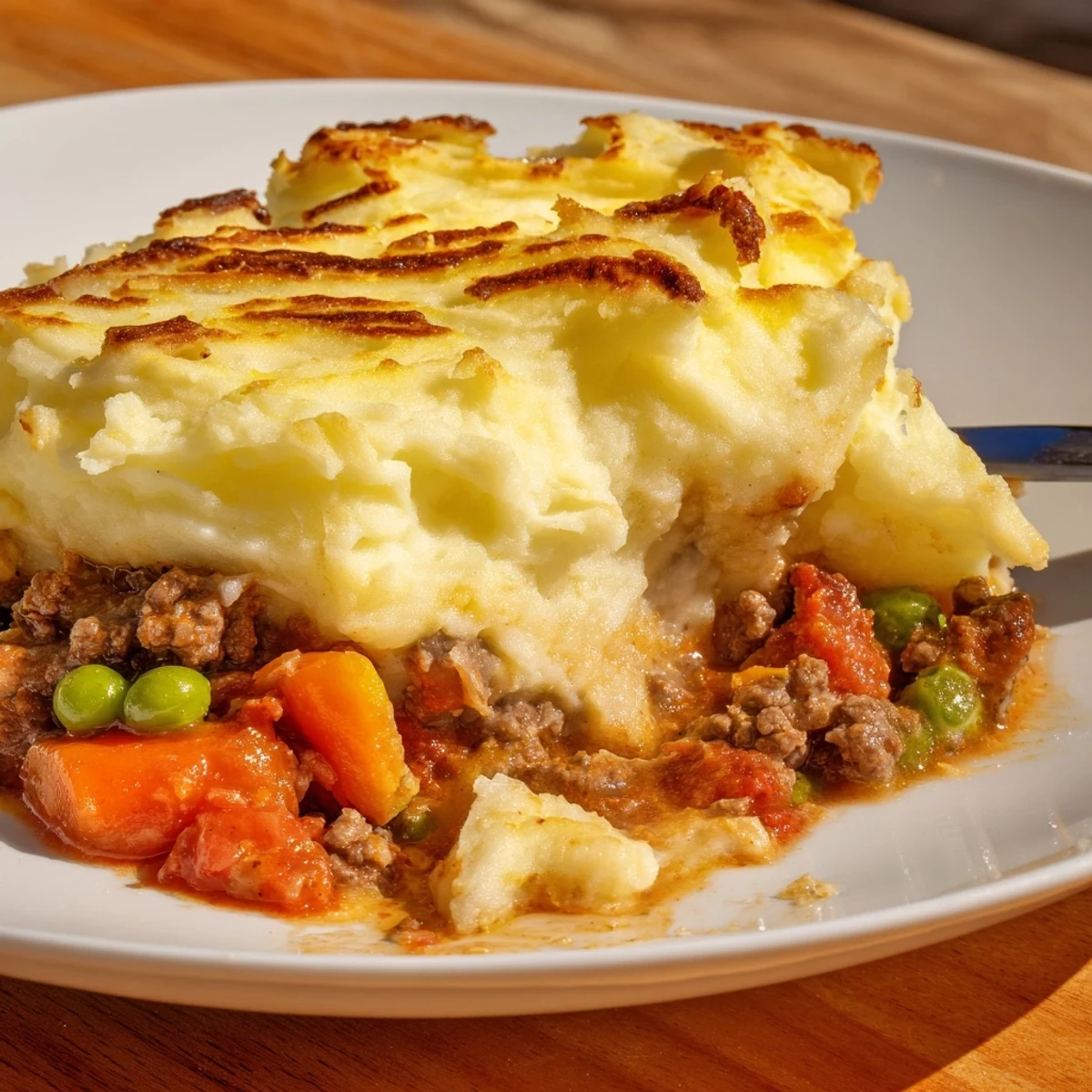 A close-up of Shepherds Pie with Creamy Garlic Mashed Potatoes, serving a comforting scoop on a plate with fresh herbs.