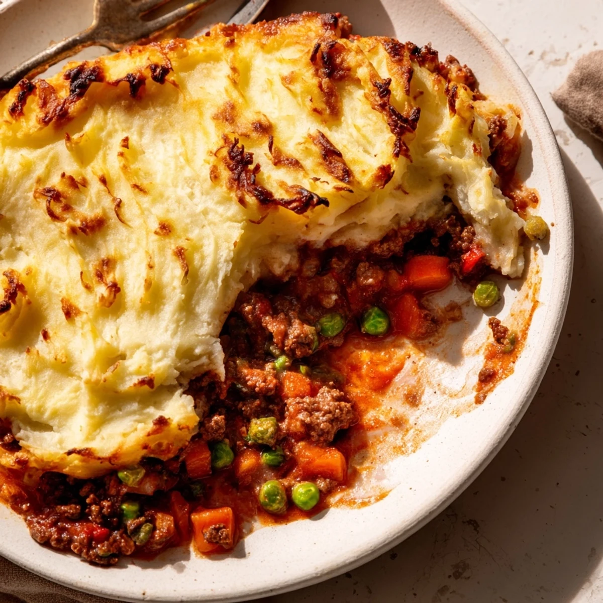 Golden-brown Shepherds Pie with Creamy Garlic Mashed Potatoes, featuring savory ground lamb and peas bubbling from the dish.