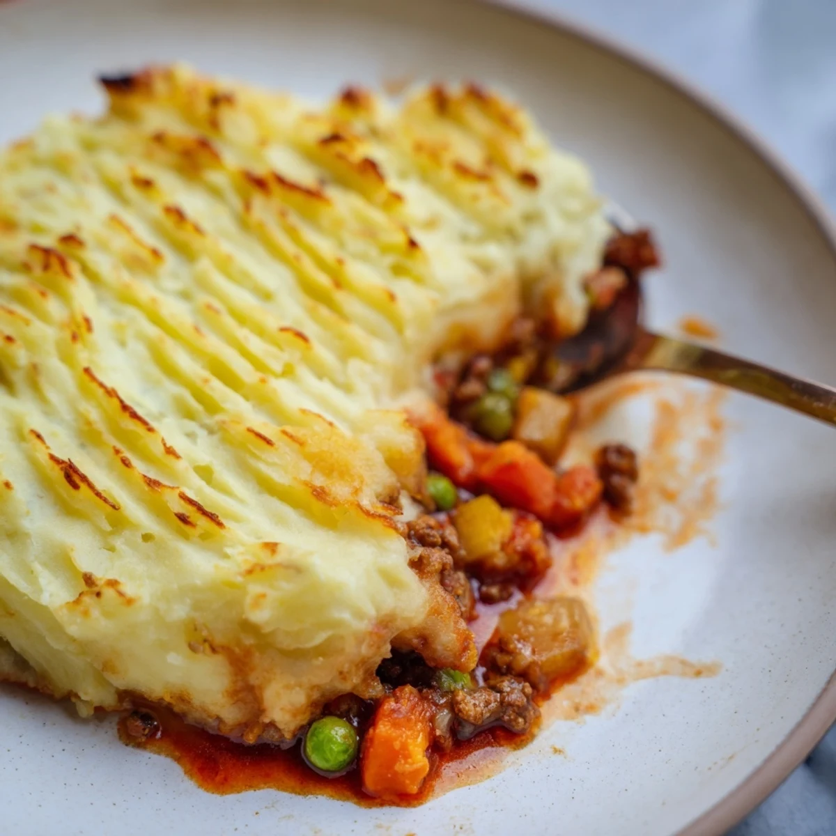 Freshly baked Shepherds Pie with Creamy Garlic Mashed Potatoes, topped with rustic swirls and a rustic ceramic serving dish.