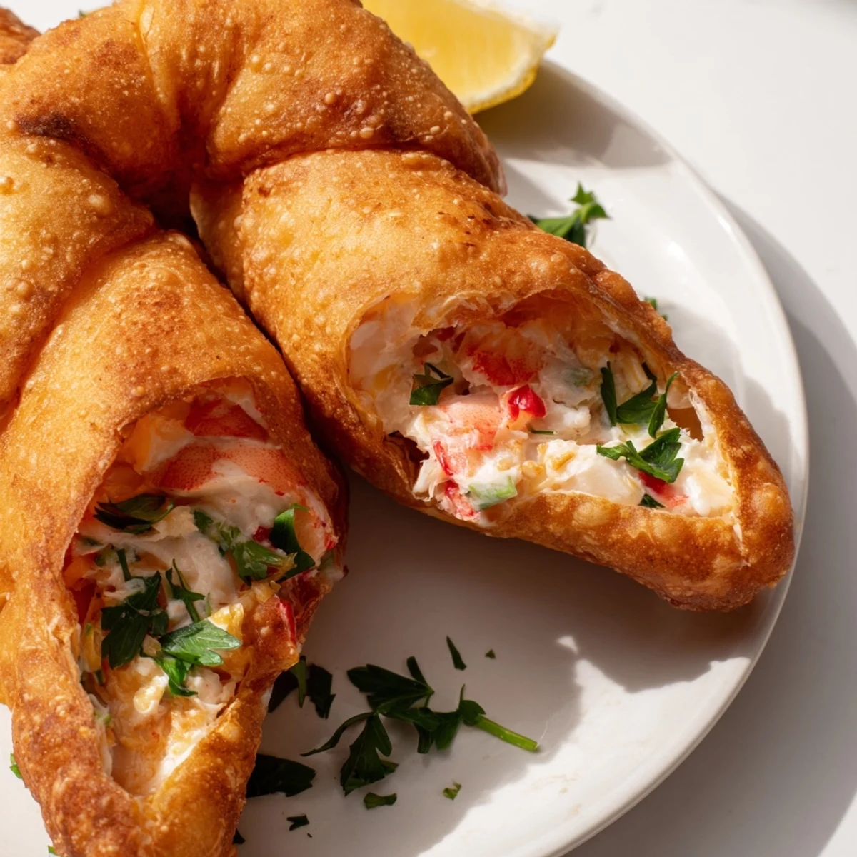 Golden-brown Cheesy Seafood Tortilla Bombs rest on a plate, garnished with fresh parsley and lemon wedges for a zesty appetizer.