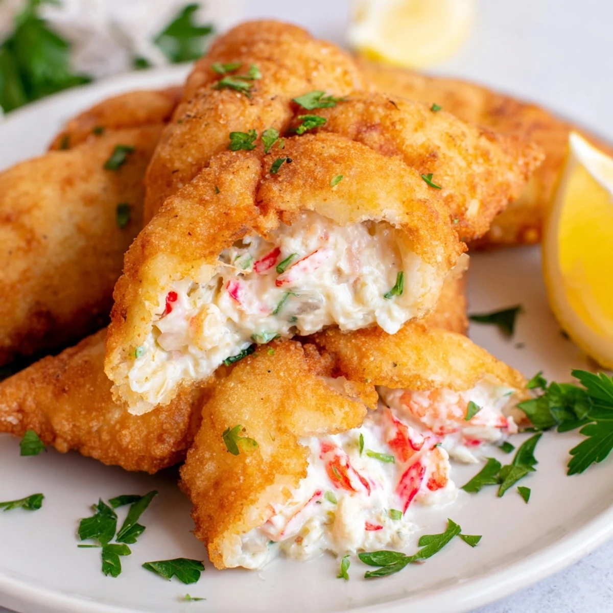 Close-up of crispy fried Cheesy Seafood Tortilla Bombs, showing melted cheese and shrimp filling peeking from a torn shell.