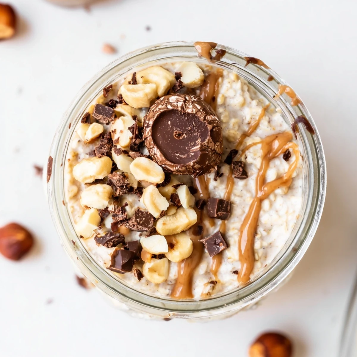 A close-up view of creamy Ferrero Rocher Protein Overnight Oats garnished with a halved chocolate for a decadent breakfast.