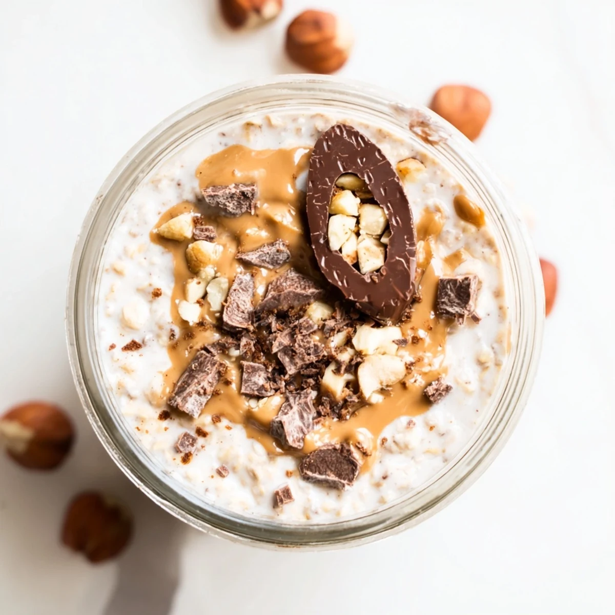 Two jars of chilled Ferrero Rocher Protein Overnight Oats topped with chopped hazelnuts and dark chocolate chunks.