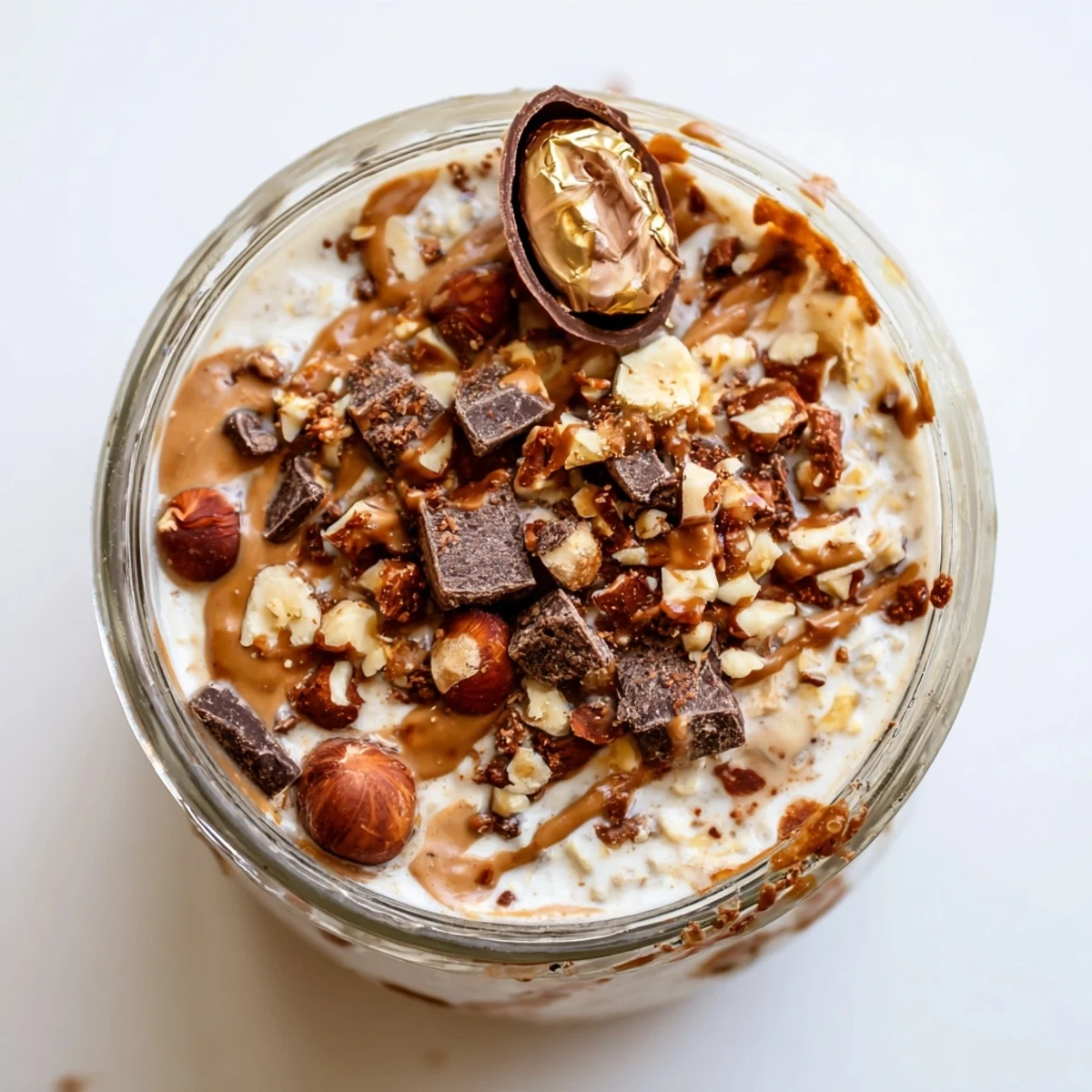 This glass jar showcases Ferrero Rocher Protein Overnight Oats with a drizzle of hazelnut butter and a rich cocoa finish.