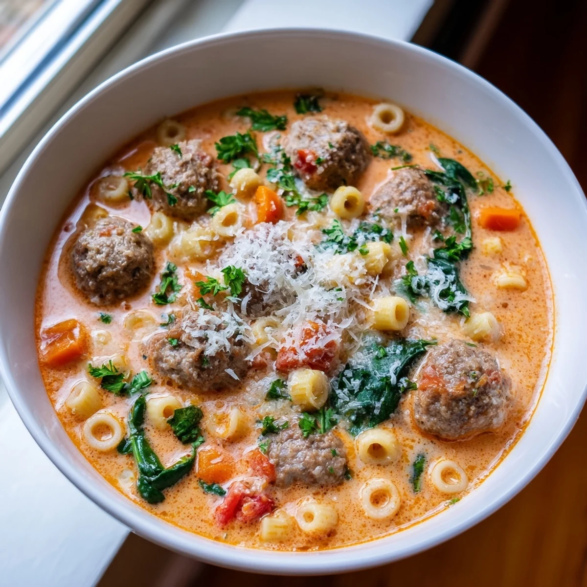 Creamy Italian Meatball Soup served steaming in a rustic bowl with crusty bread on the side.