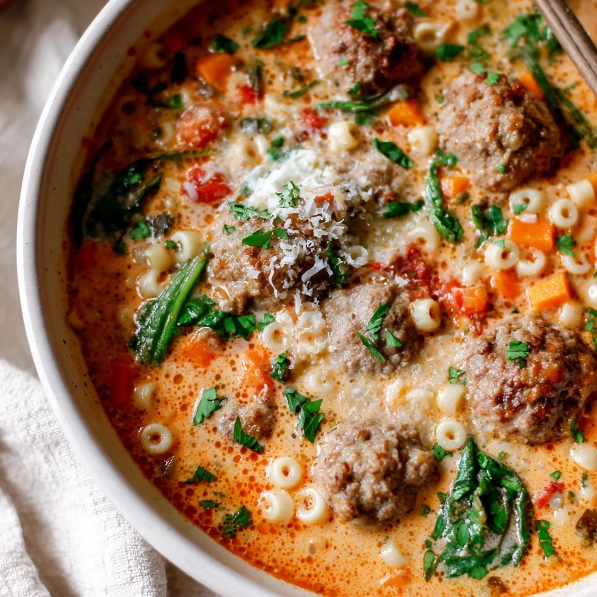 This comforting soup features tender beef meatballs in a rich tomato and vegetable broth with spinach.
