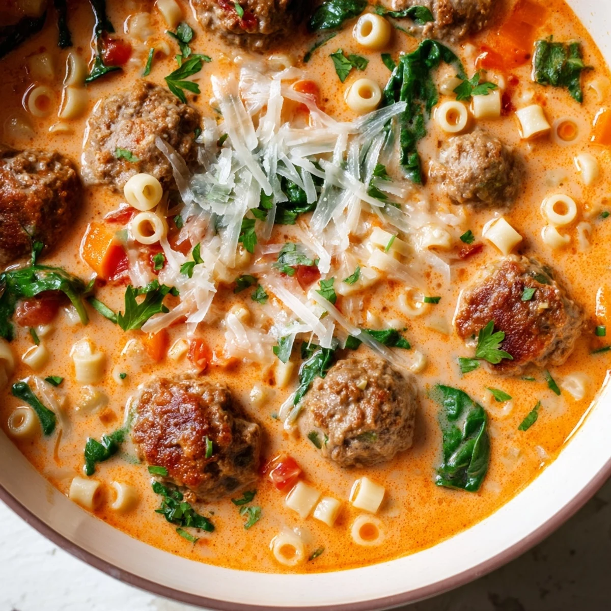 A close-up photo of homemade Italian meatball soup garnished with fresh parsley and grated Parmesan.