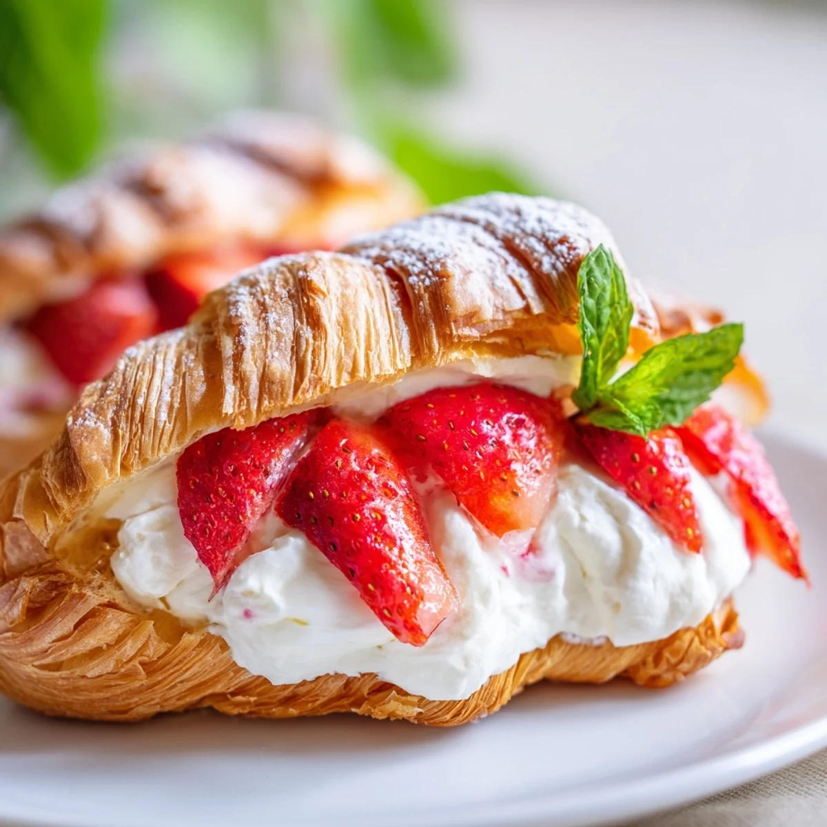 Freshly assembled Strawberry Cream Croissant with a dusting of powdered sugar on a rustic plate.  