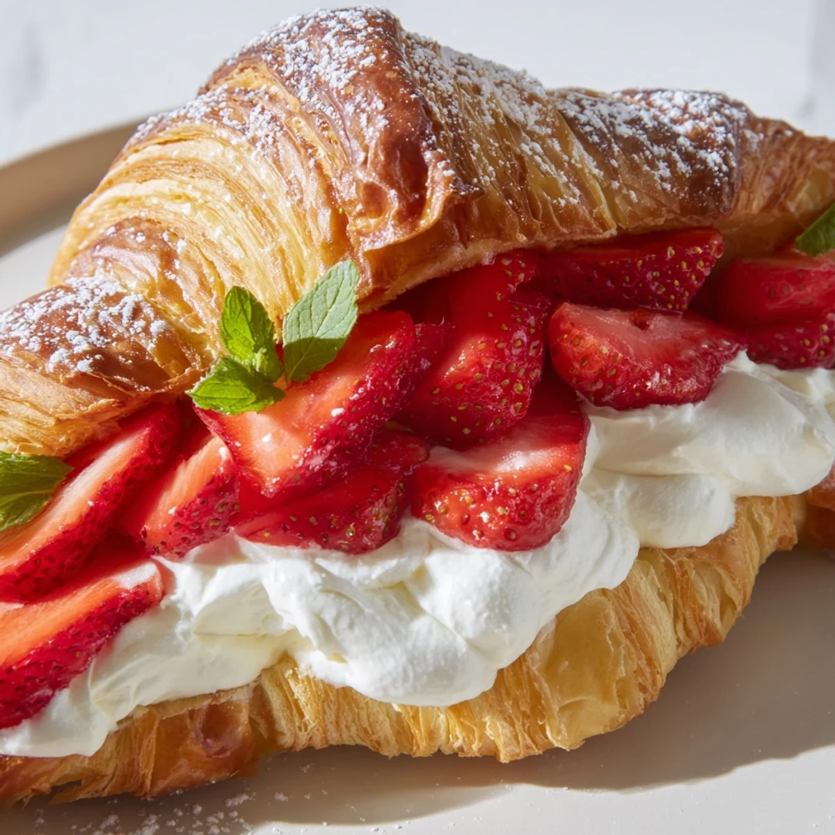 A close-up of a Strawberry Cream Croissant showcasing the layered pastry and sweet vanilla filling.  