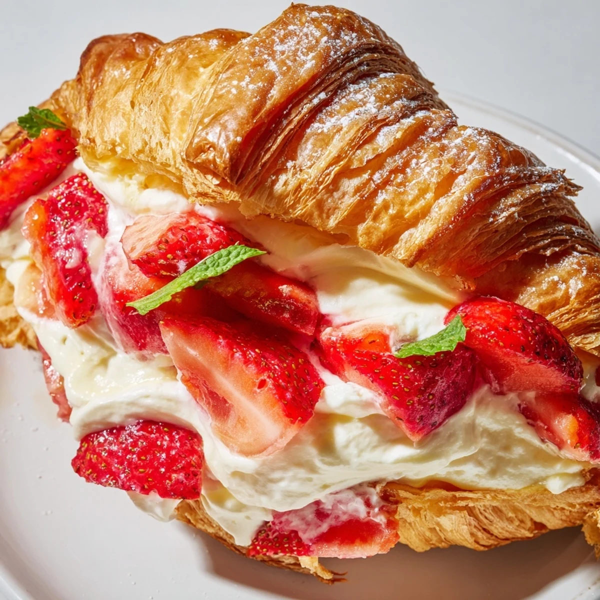 A delicious Strawberry Cream Croissant garnished with sliced strawberries and a sprig of fresh mint.