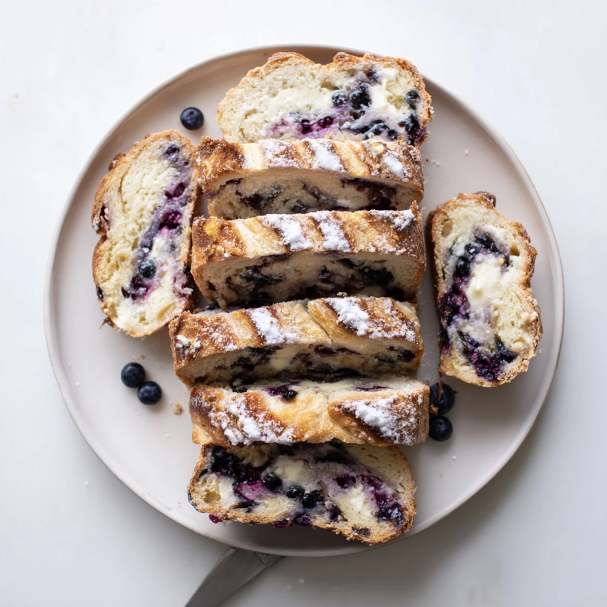 A slice of Blueberry Lemon Cream Cheese Sourdough reveals a moist interior filled with fresh berries and swirls of creamy cheese, ready for breakfast.