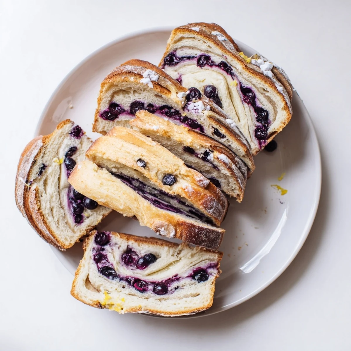 A close up view of a Blueberry Lemon Cream Cheese Sourdough slice shows the tangy crumb studded with blueberries and creamy cheese pockets.