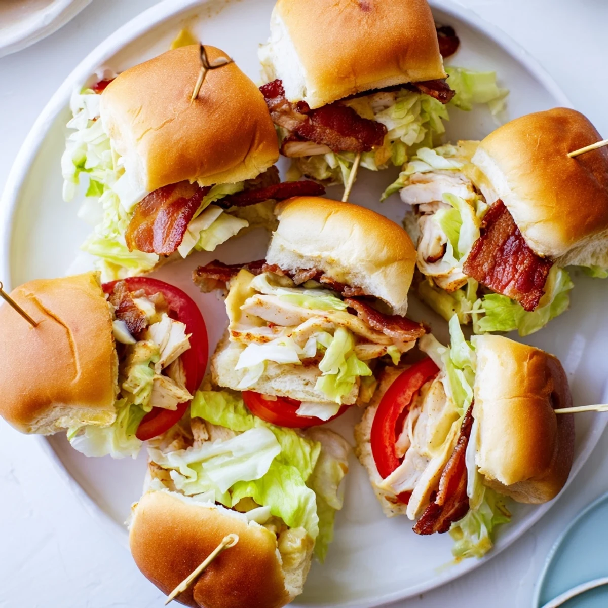 Golden-brown toasted slider buns filled with juicy baked chicken, crispy bacon, fresh lettuce, and ripe tomato slices drizzled with tangy honey mustard sauce.