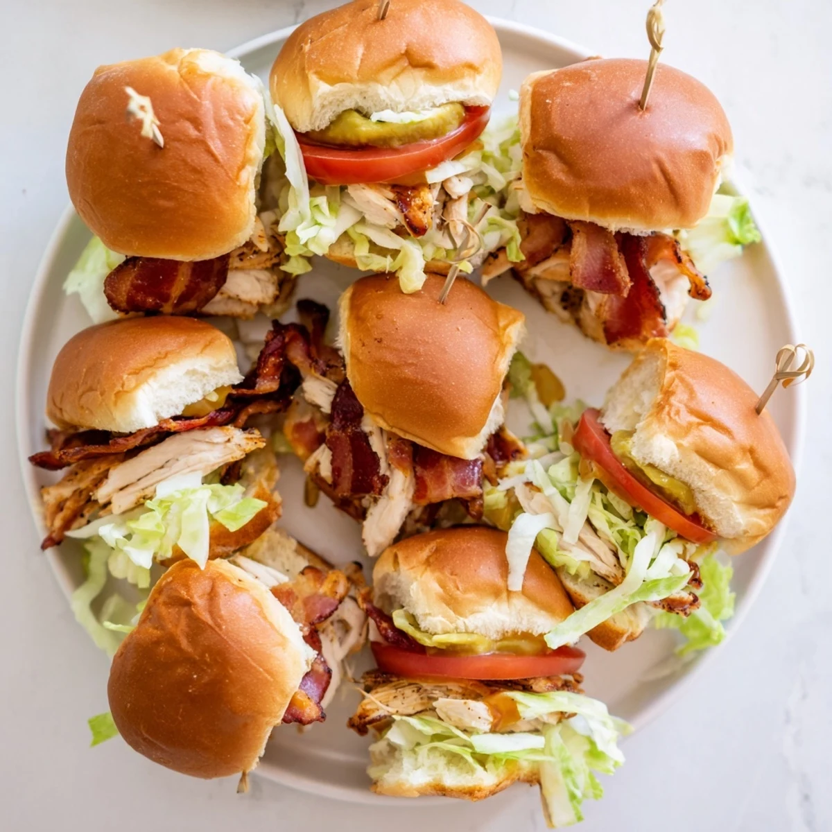 Close-up view of a Honey Mustard BLT Chicken Slider on a plate, with a side of sweet potato fries and a fresh green salad.