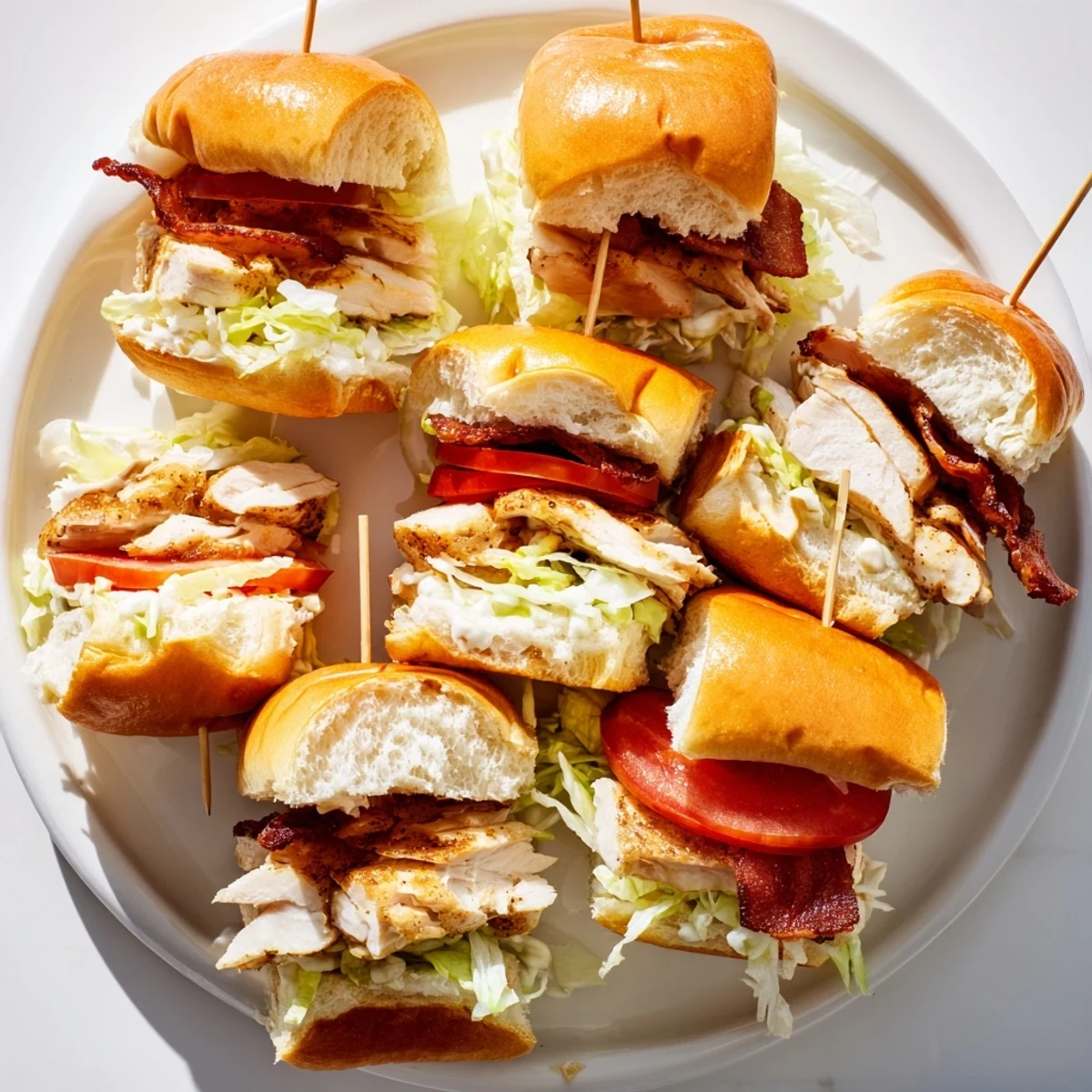 Honey Mustard BLT Chicken Sliders sit on a platter, showcasing melted butter on buns and layered ingredients for a game day party snack.