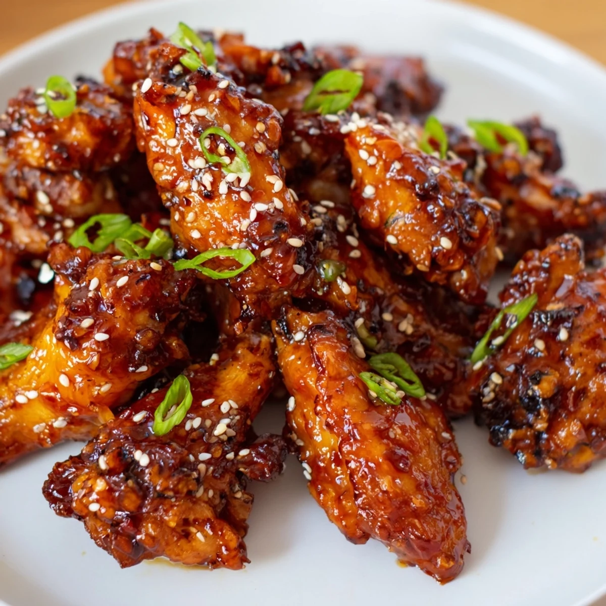 Golden-brown sticky orange chicken wings glistening with tangy glaze, garnished with sesame seeds and green onions on a platter.