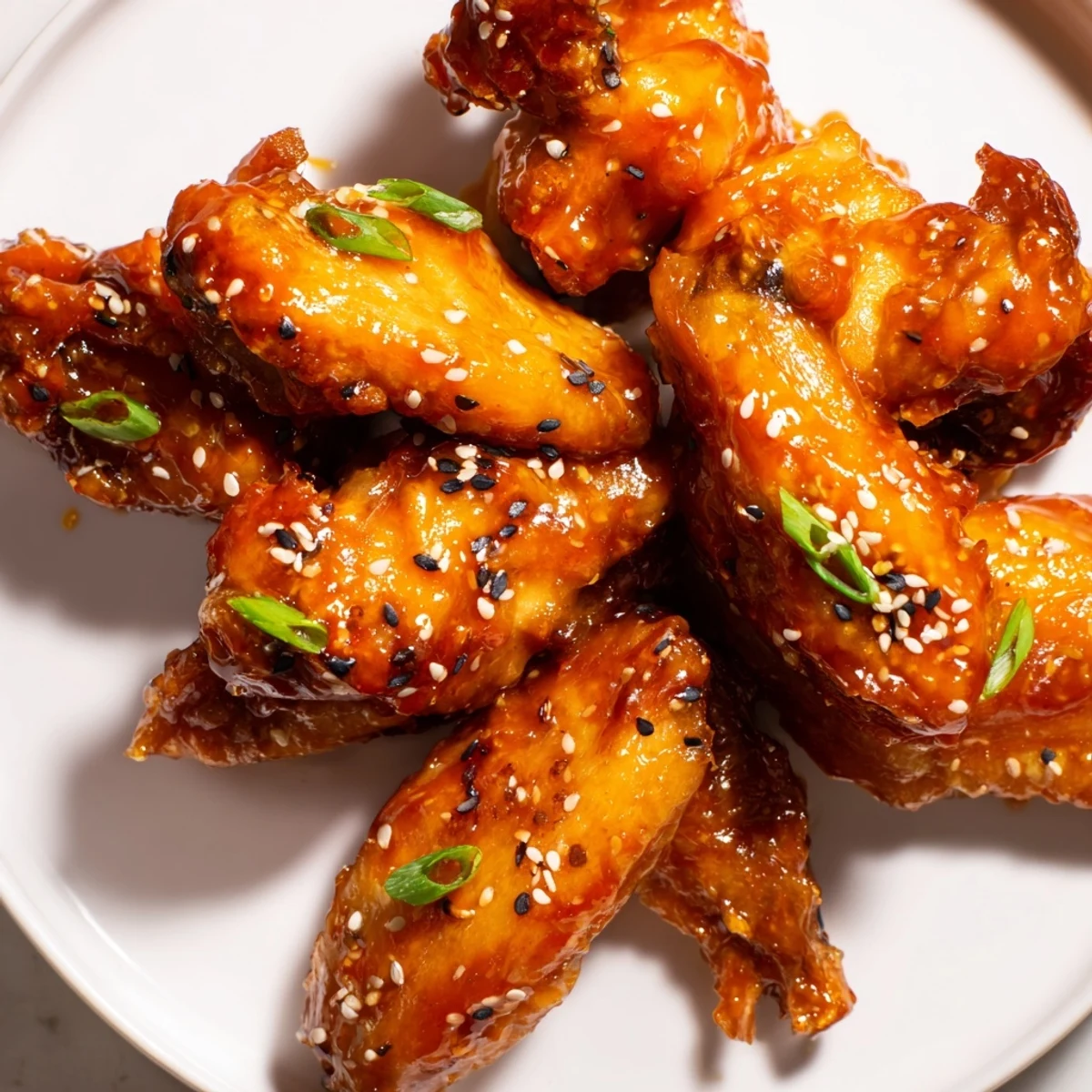 Sticky orange chicken wings arranged on a wire rack with baked edges, ready to be tossed in sweet and savory sauce.