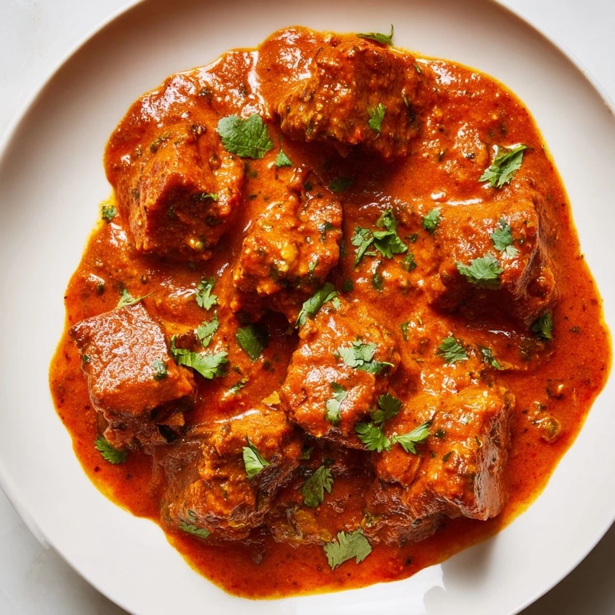 Steaming Indian Beef Curry with Tomato Gravy is spooned over fluffy basmati rice and garnished with fresh cilantro.