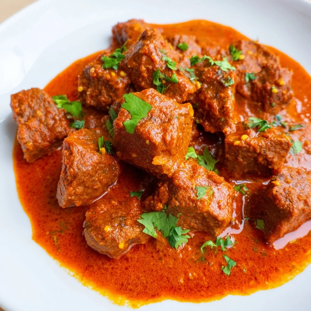 Tender chunks of Indian Beef Curry with Tomato Gravy simmer in a rich, aromatic spiced tomato sauce in a pot.