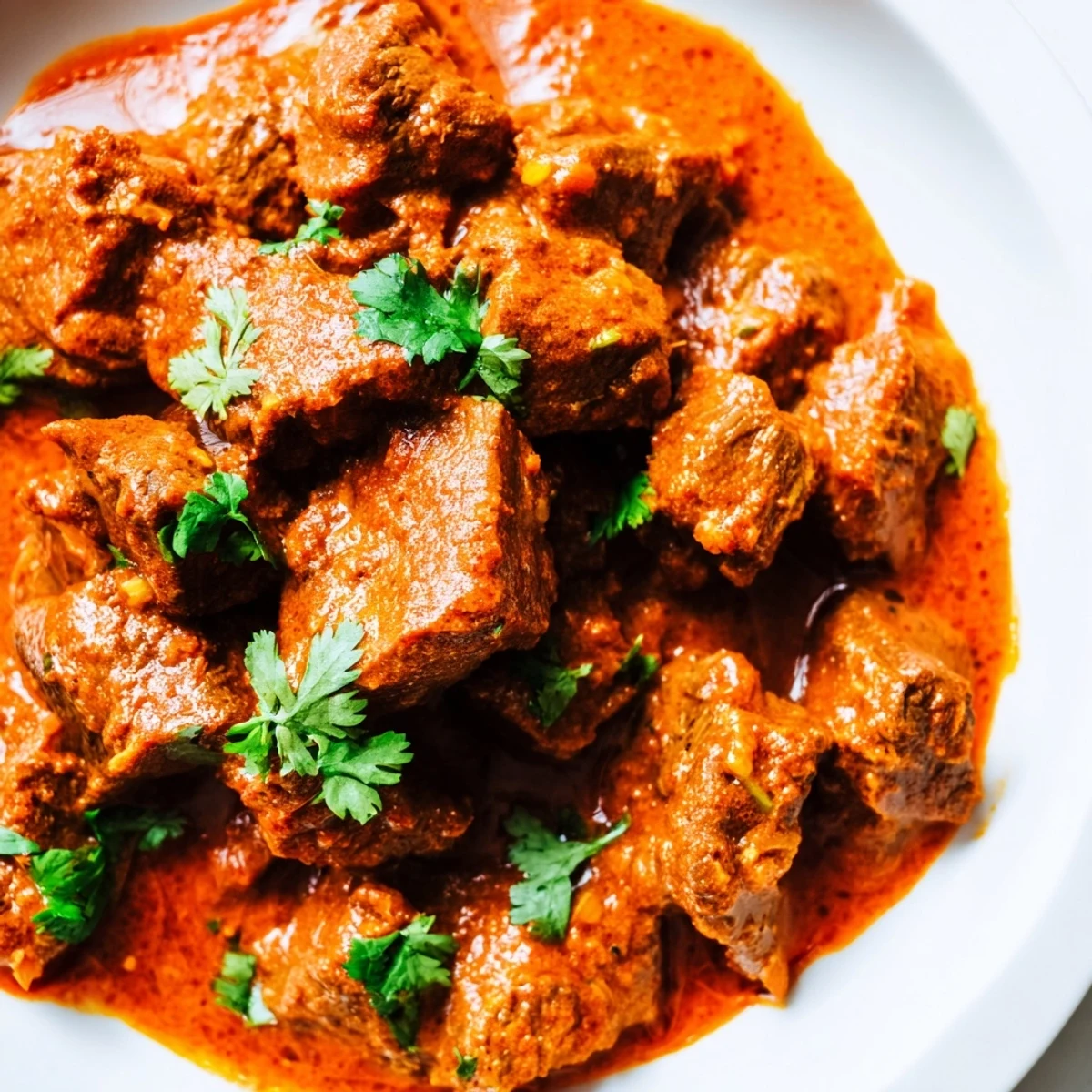Served Indian Beef Curry with Tomato Gravy alongside warm naan bread and lemon wedges, perfect for scooping up the gravy.