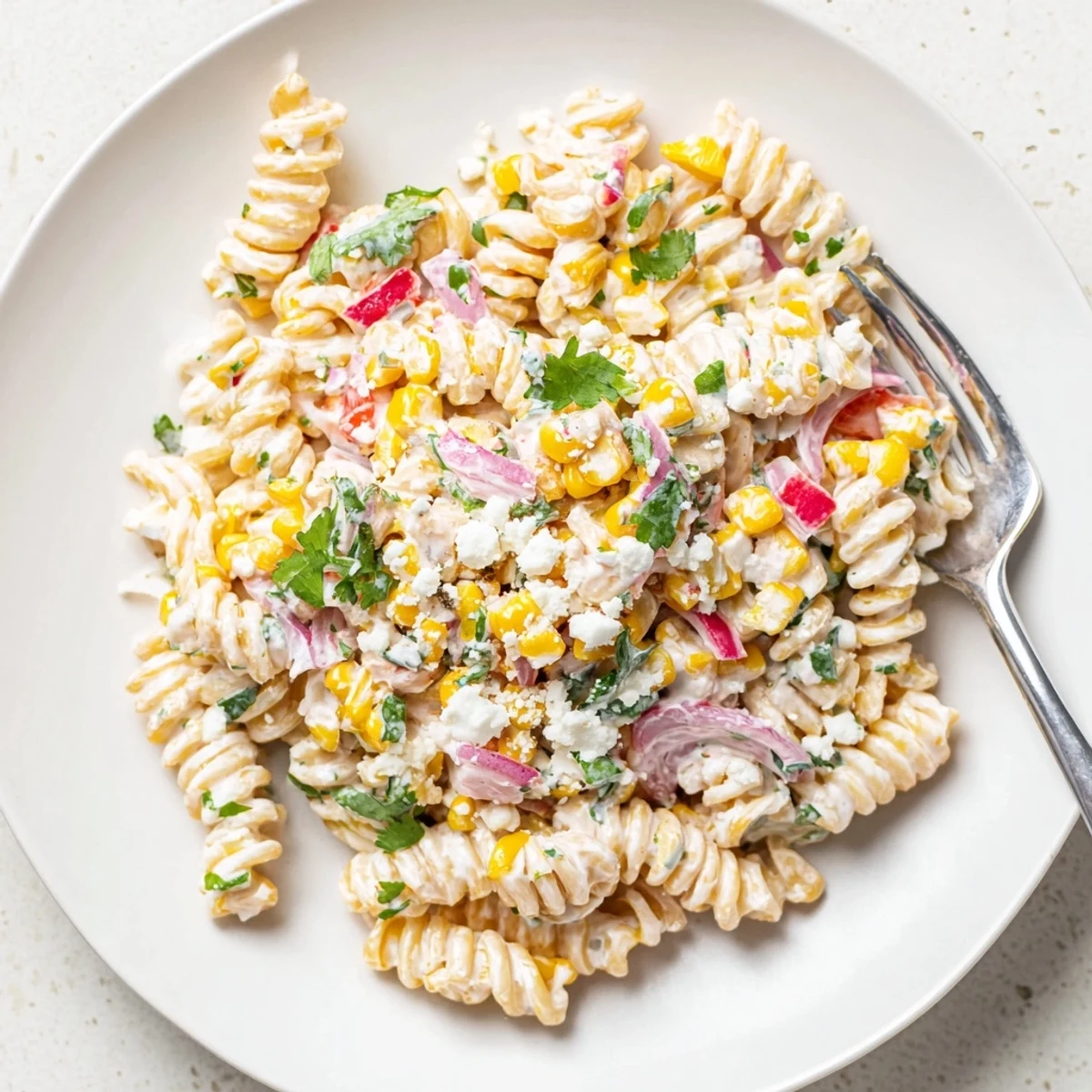 Creamy Mexican Street Corn Pasta Salad showcases charred corn, cotija cheese, and vibrant cilantro garnish in a rustic bowl.