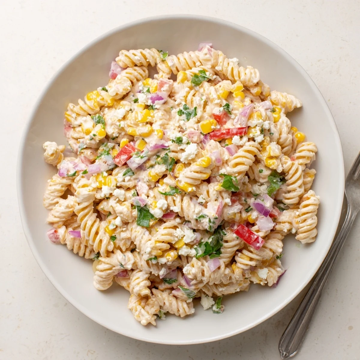Cool Mexican Street Corn Pasta Salad tossed with lime dressing, jalapeños, and crumbled feta for a zesty summer side.