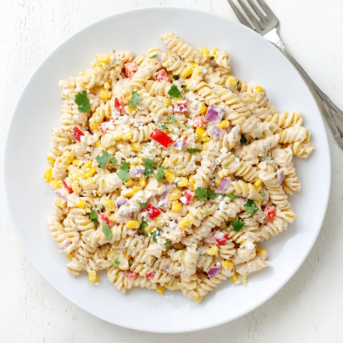 Served chilled, this Mexican Street Corn Pasta Salad blends rotini, bell peppers, and smoky spices for irresistible potluck appeal.