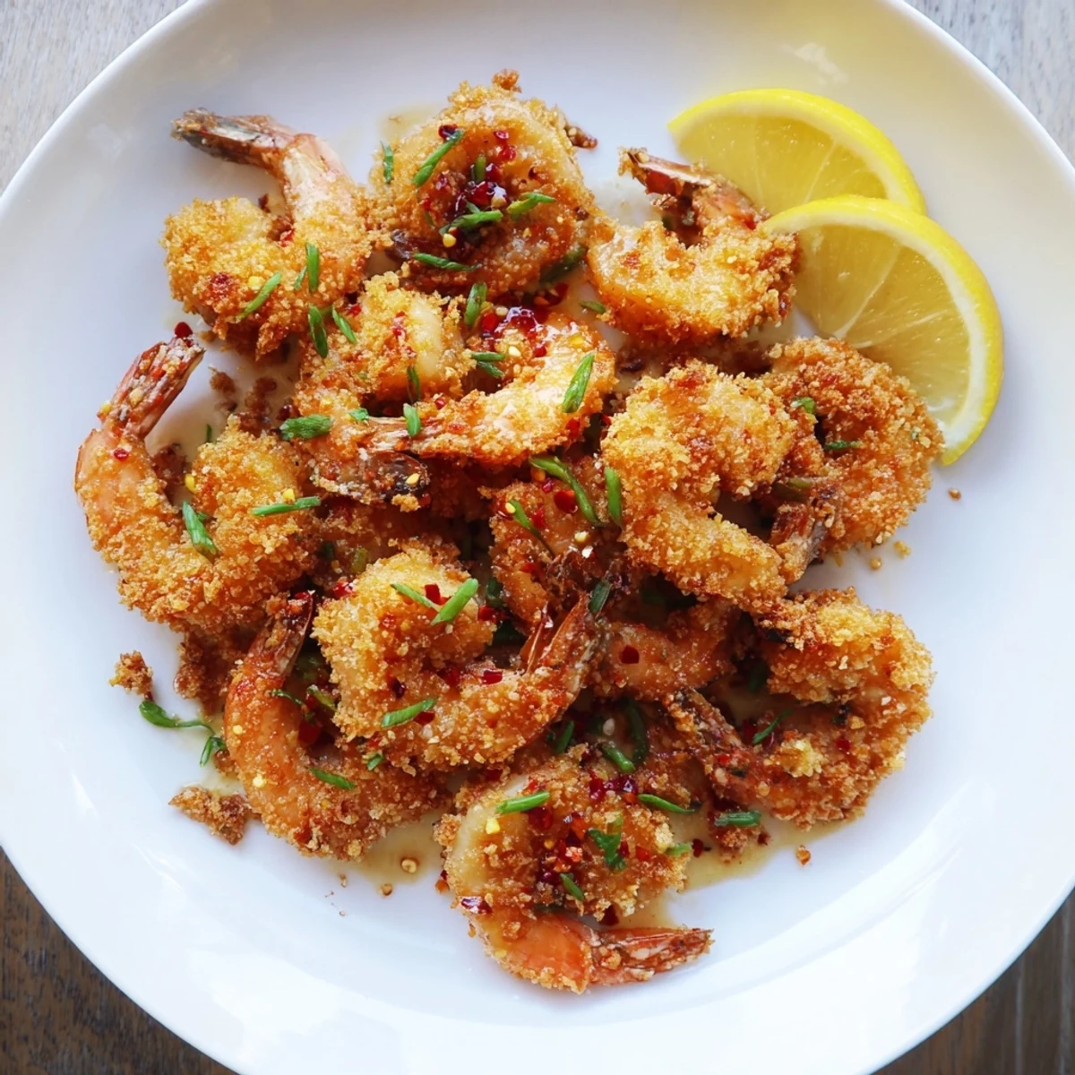 Crispy golden Hot Honey Fried Shrimp glistening with sweet and spicy glaze on a plate with lemon wedges.