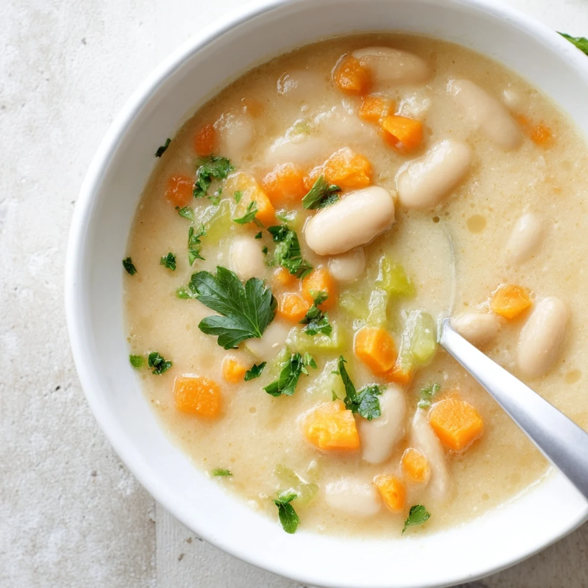 Creamy Cozy Rosemary Garlic White Bean Soup in a rustic bowl, garnished with fresh parsley and served with crusty bread.