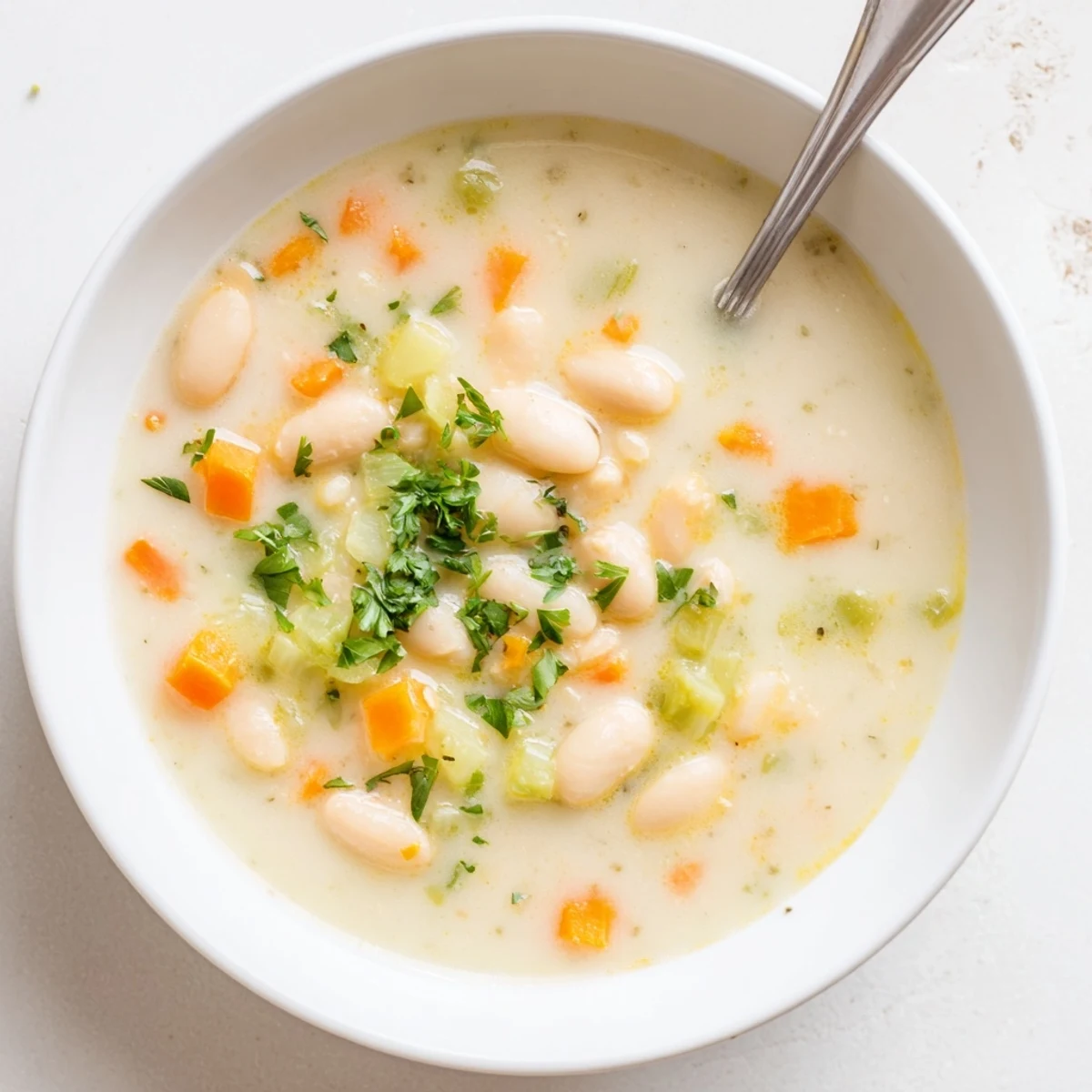 Close-up of Cozy Rosemary Garlic White Bean Soup with bright carrots and celery, steam rising from the aromatic broth.