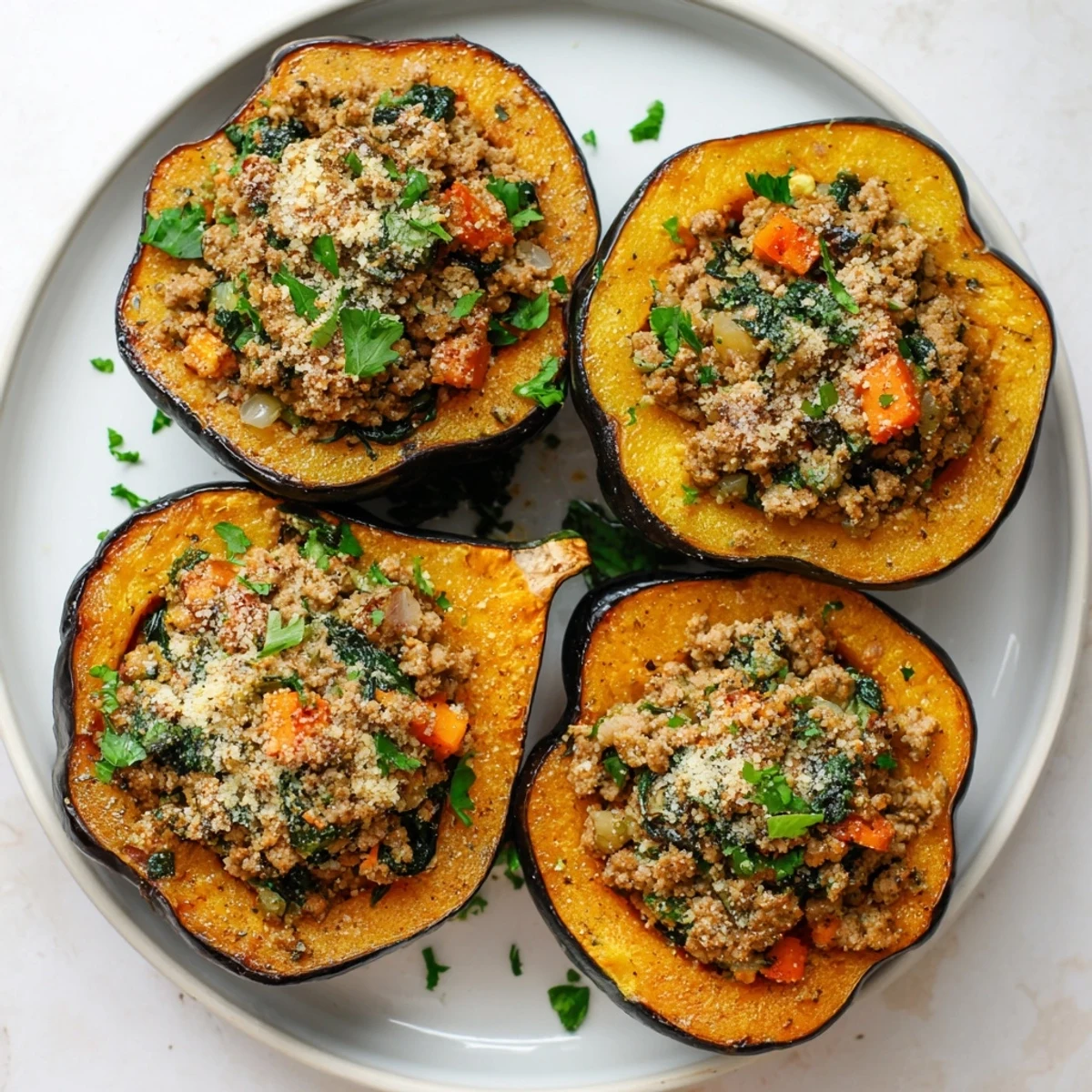 Golden roasted acorn squash halves brim with savory turkey, apple, and herb filling for a cozy autumn dinner.