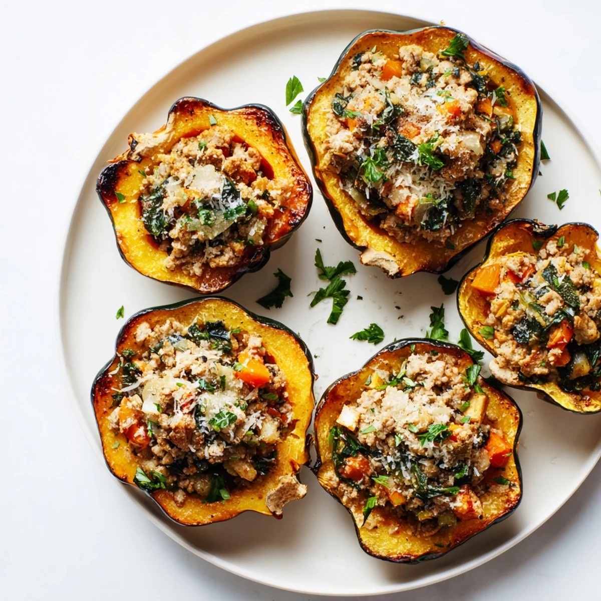 Savory turkey and vegetable stuffing spiced with thyme and cinnamon fills tender roasted acorn squash halves on a baking sheet.