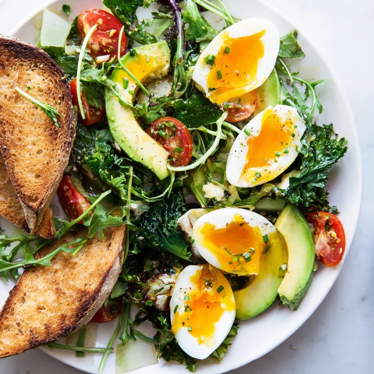 Golden soft-boiled eggs sit atop crisp toast with greens on a Savory Breakfast Plate.