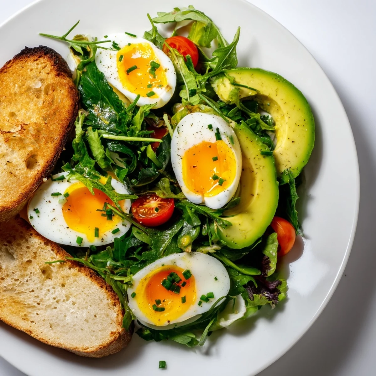 A Savory Breakfast Plate showcases creamy avocado, cherry tomatoes, and fresh arugula.
