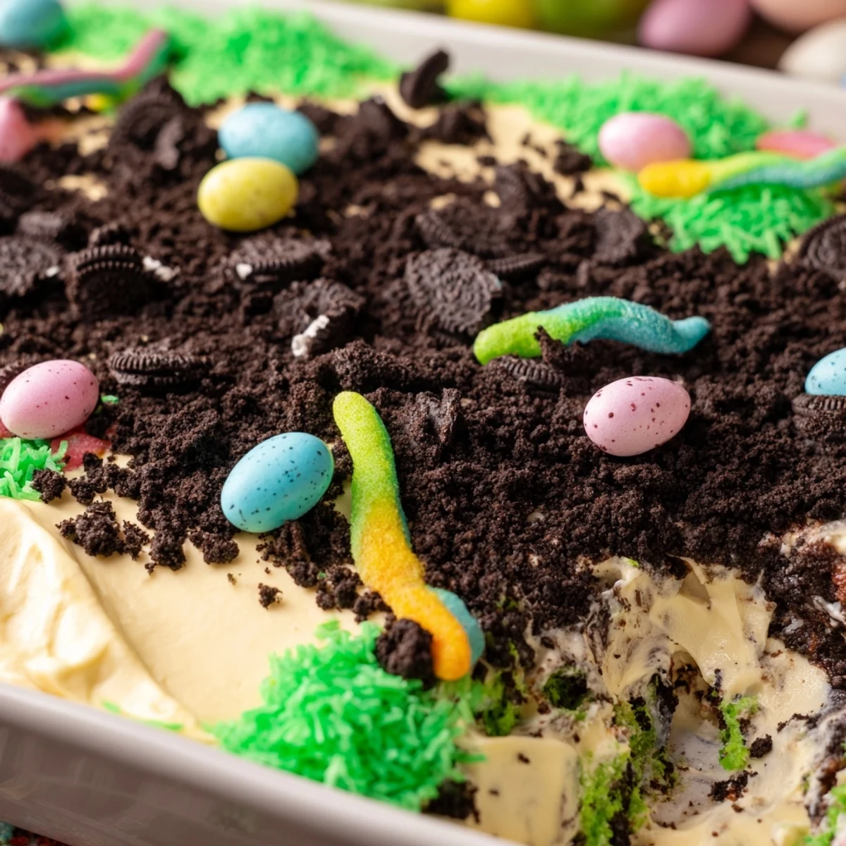 Chilled Easter Dirt Cake Casserole with chocolate cookie dirt, vanilla pudding, and playful gummy worms inside.