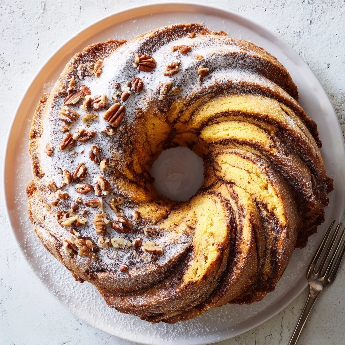 Golden-brown Easy Breakfast Bundt Coffee Cake with cinnamon swirl and powdered sugar dusting on a rustic table.