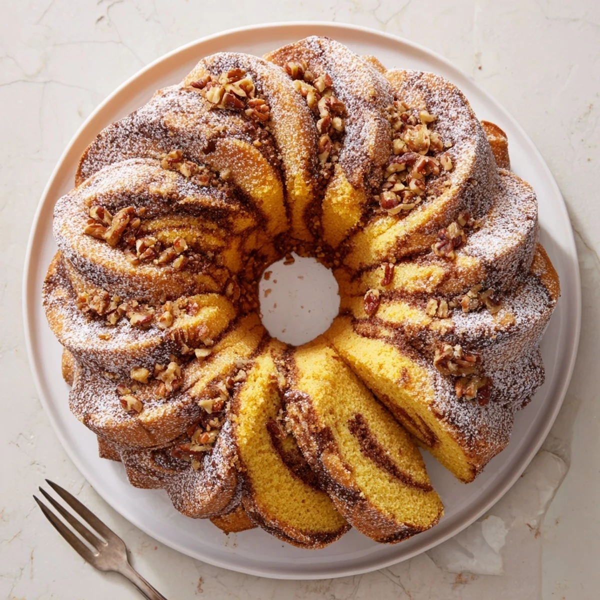 Warm slice of Easy Breakfast Bundt Coffee Cake paired with coffee, showcasing moist crumb and pecans.